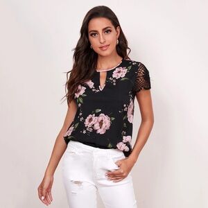 Floral Lace Sleeve Black Top